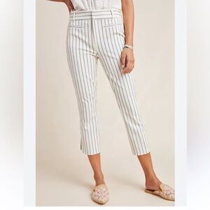 Anthropologie The Essential Slim Cream White Blue Stripe Crop Trousers Size 4